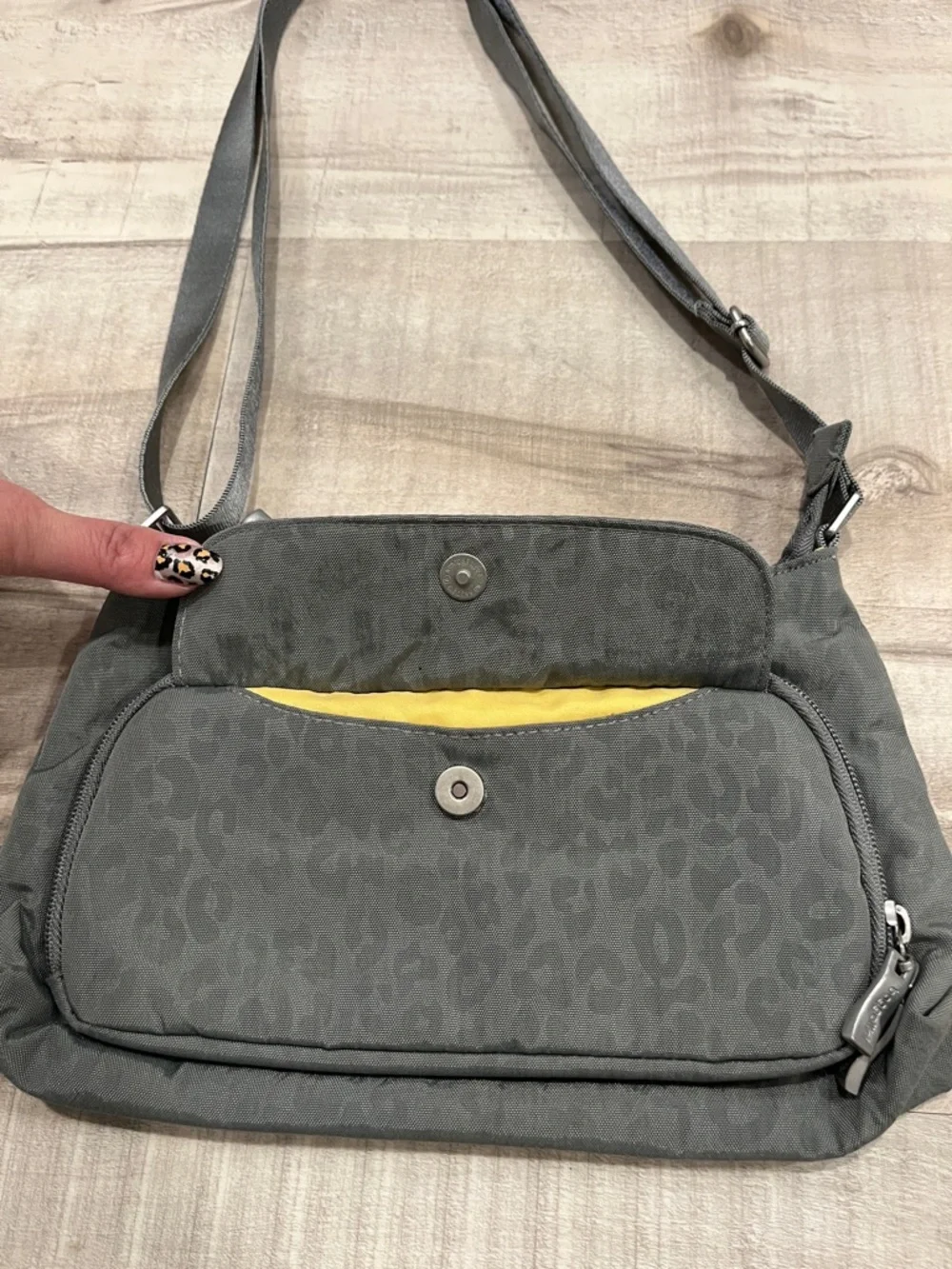Baggallini Gray Leopard-Print Crossbody Bag with adjustable strap and billfold